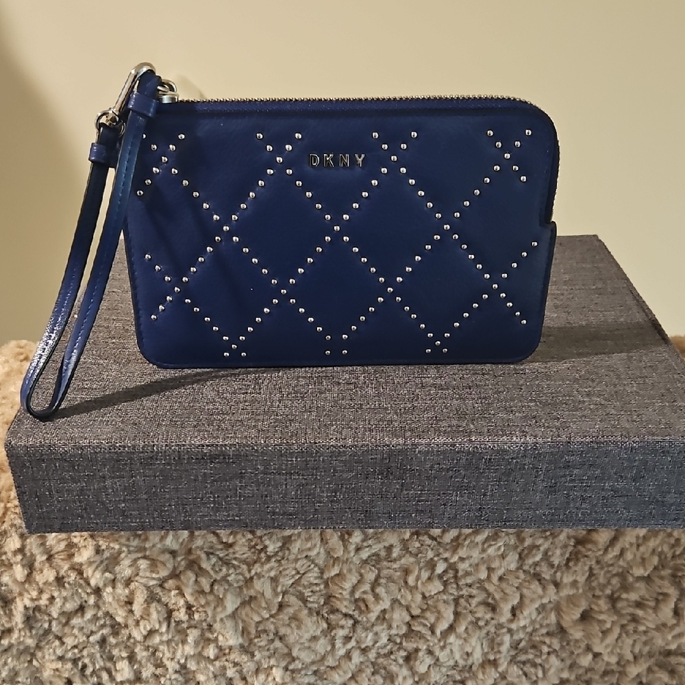 DKNY Blue Quilted Studded Wristlet with Detachable Strap
